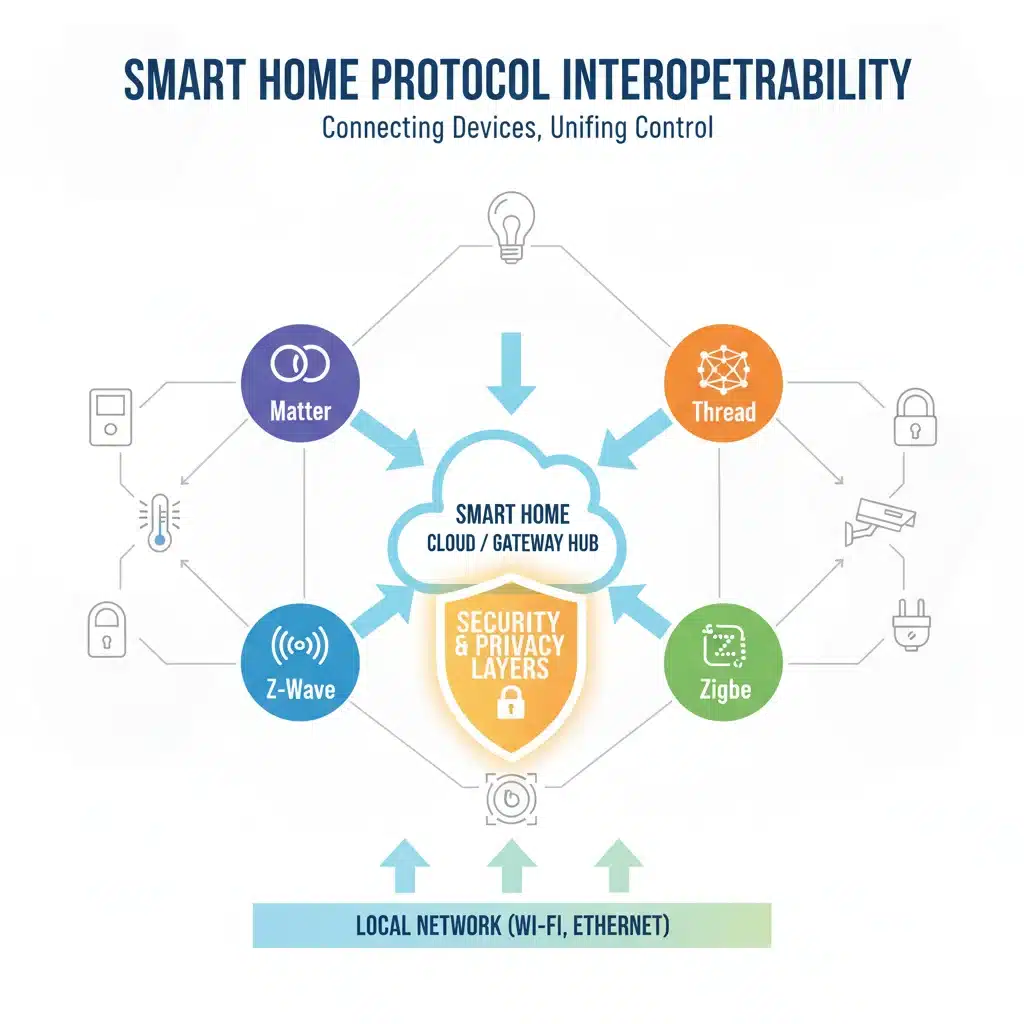 Diagram showing interoperability and security layers of smart home protocols