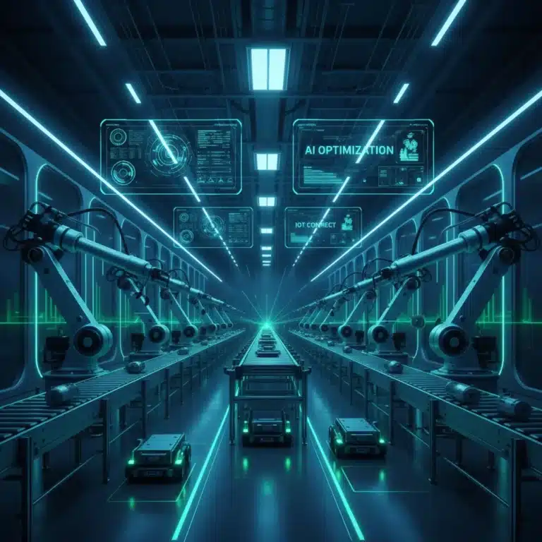 Futuristic smart manufacturing factory with AI and IoT integration