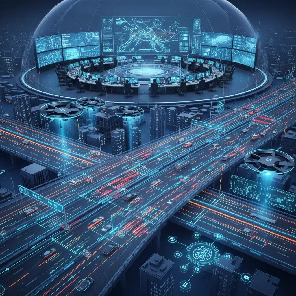 Smart traffic management system with sensors, drones, and real-time data display.