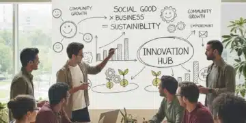 Diverse team collaborating on social impact projects in a modern office