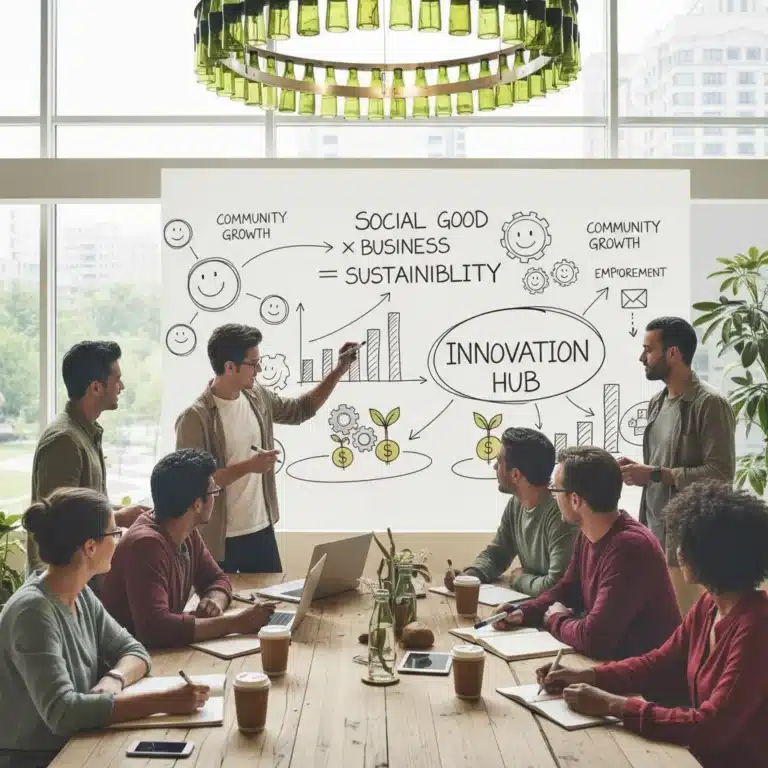 Diverse team collaborating on social impact projects in a modern office