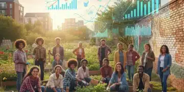 Diverse community group with data overlay symbolizing social impact analytics