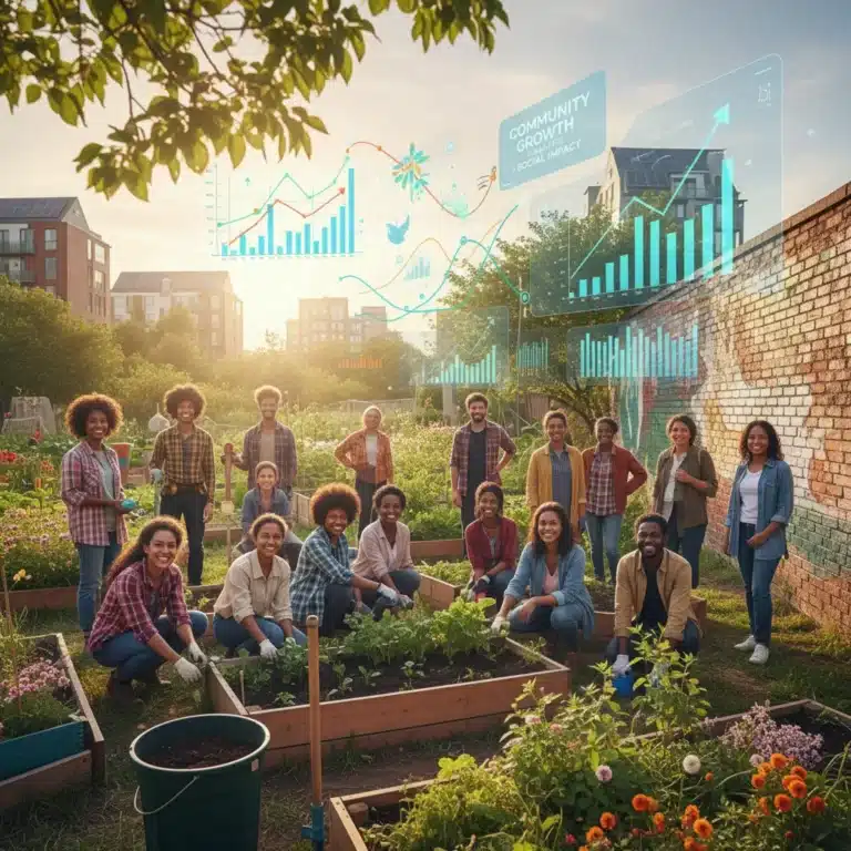 Diverse community group with data overlay symbolizing social impact analytics