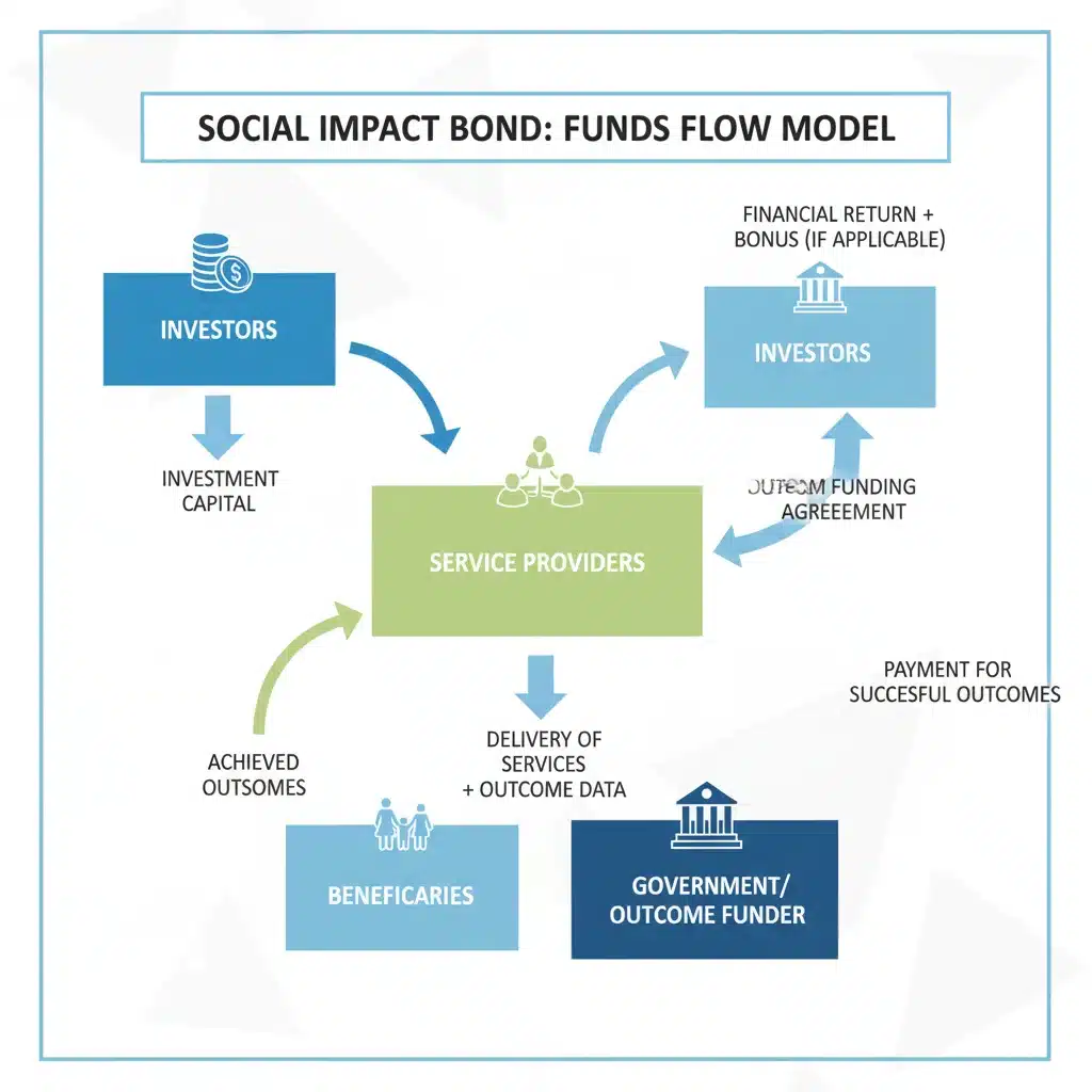 Infographic illustrating the financial flow and stakeholder relationships within a Social Impact Bond model.