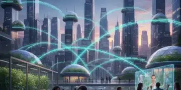 Futuristic city skyline with data connections representing social impact bonds and community collaboration in 2026.