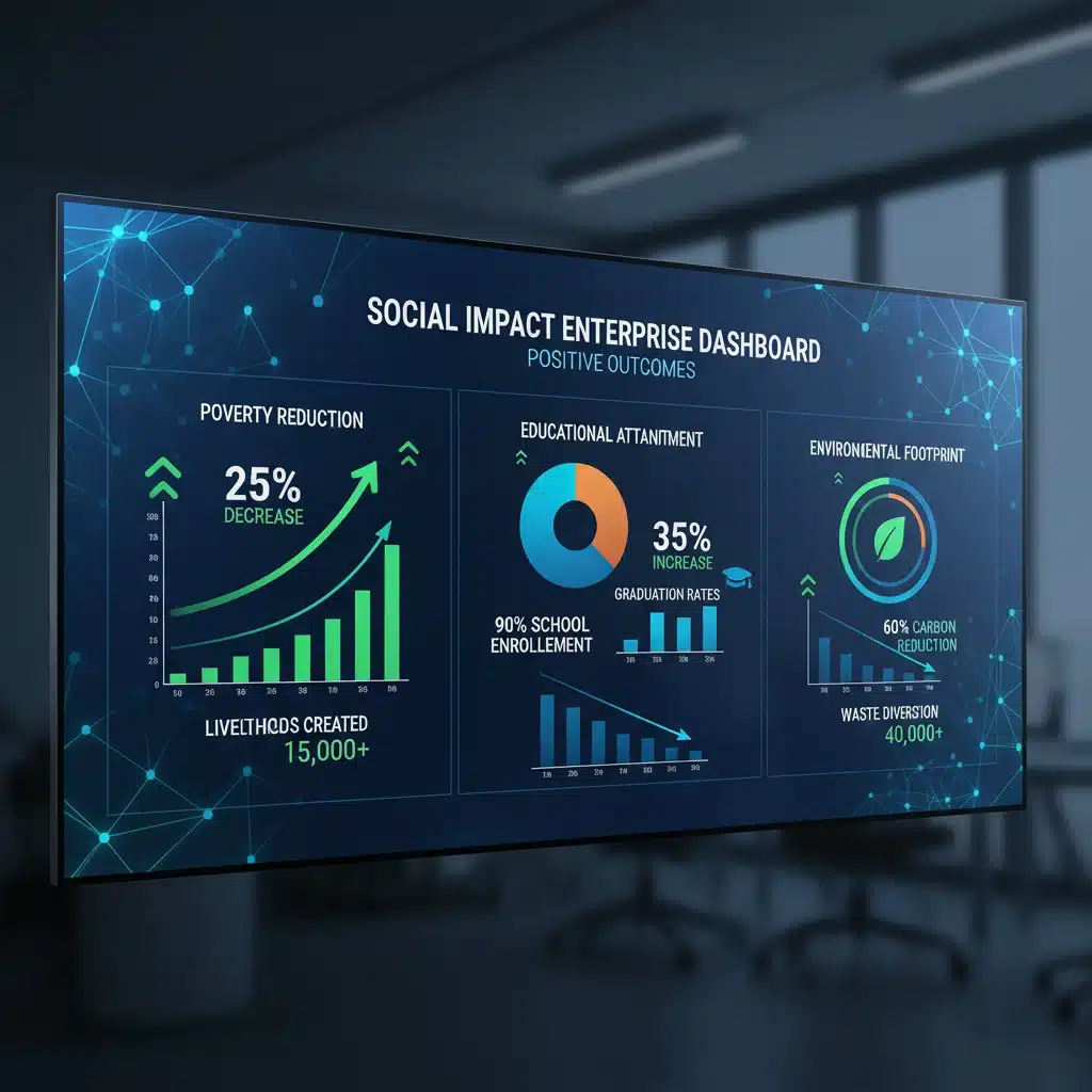 Digital dashboard showing social impact KPIs and positive trends
