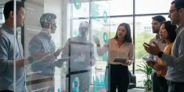 Professionals analyzing social impact data on a digital screen, collaborative discussion