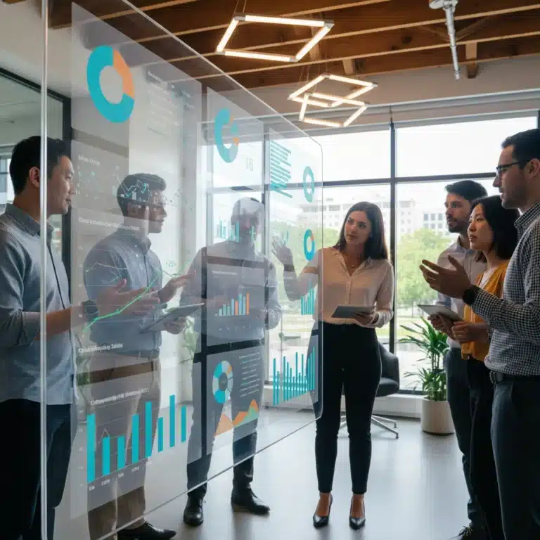 Professionals analyzing social impact data on a digital screen, collaborative discussion