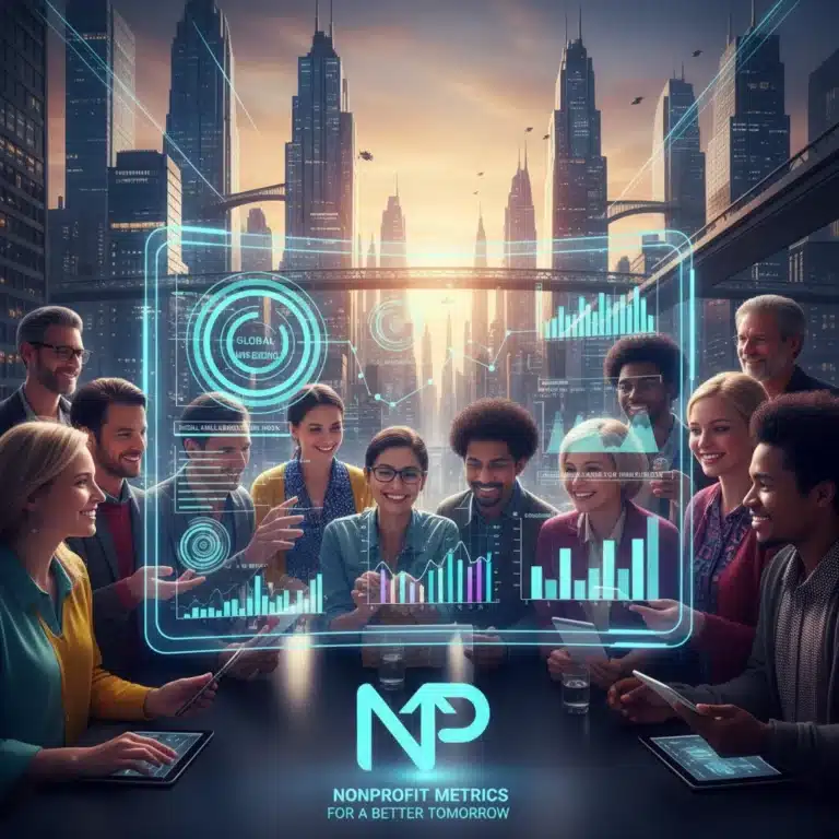 Diverse team analyzing social impact data on a transparent screen in a modern setting.