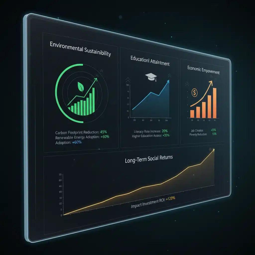 Digital dashboard showing positive social impact metrics and long-term returns.