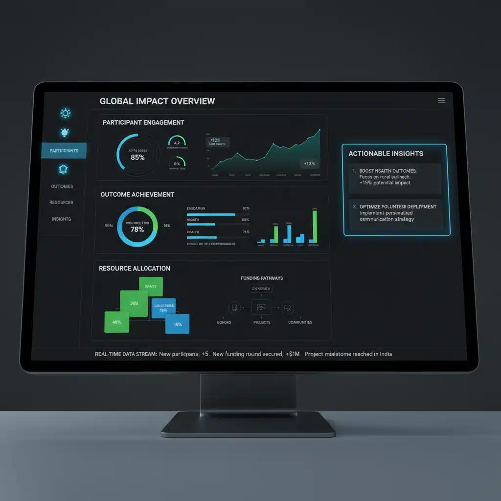 Advanced data dashboard showing social impact metrics and program outcomes