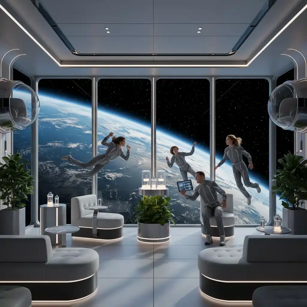 Luxurious space hotel interior with panoramic Earth views and weightless guests, illustrating space tourism.