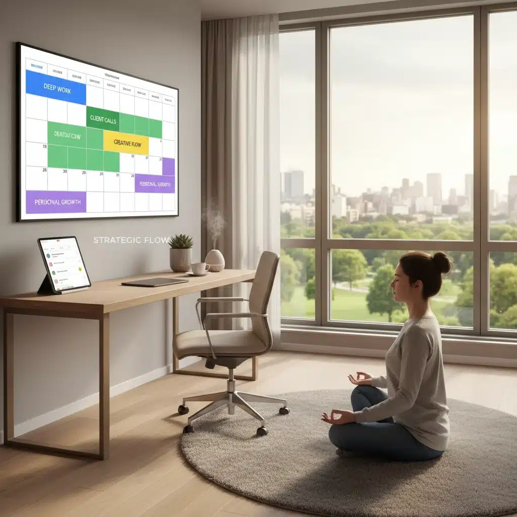 Person meditating in modern home office, demonstrating strategic time management and mental well-being for gig workers.