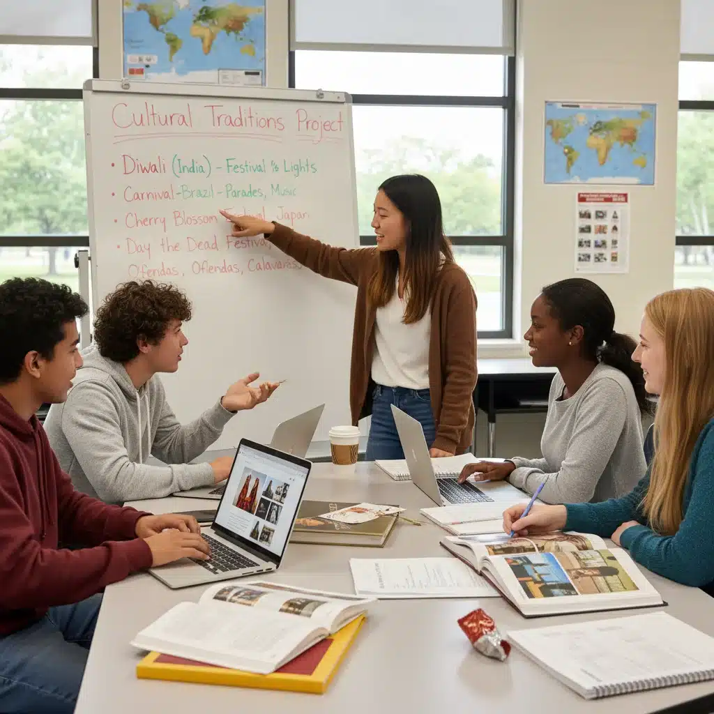 High school students researching diverse cultural traditions collaboratively.