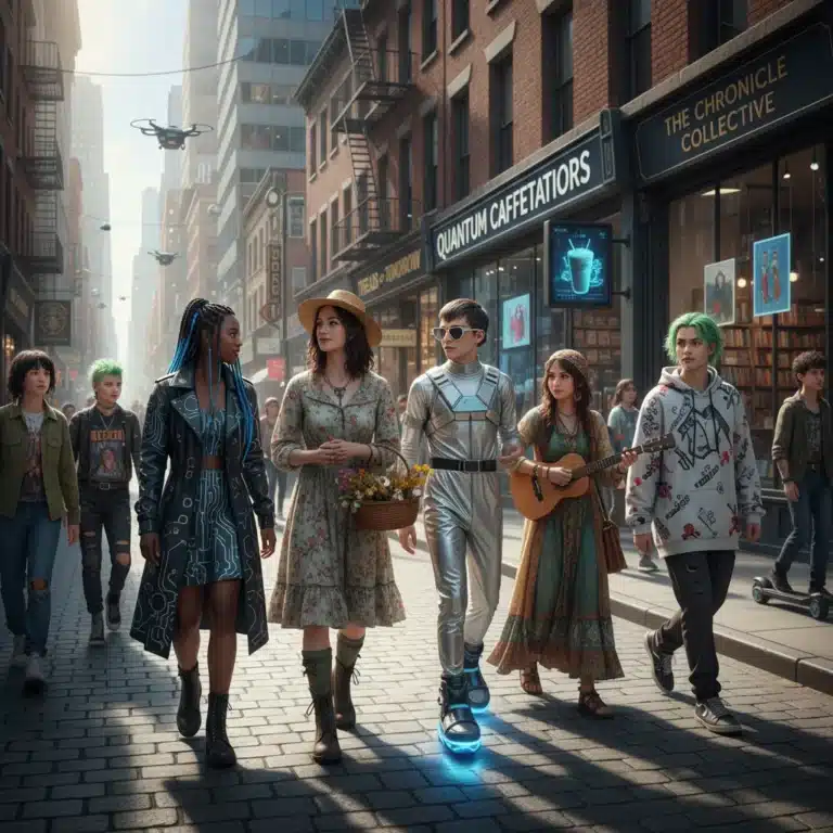 Diverse subculture members on a city street, interacting with local businesses in 2026, showcasing economic impact.