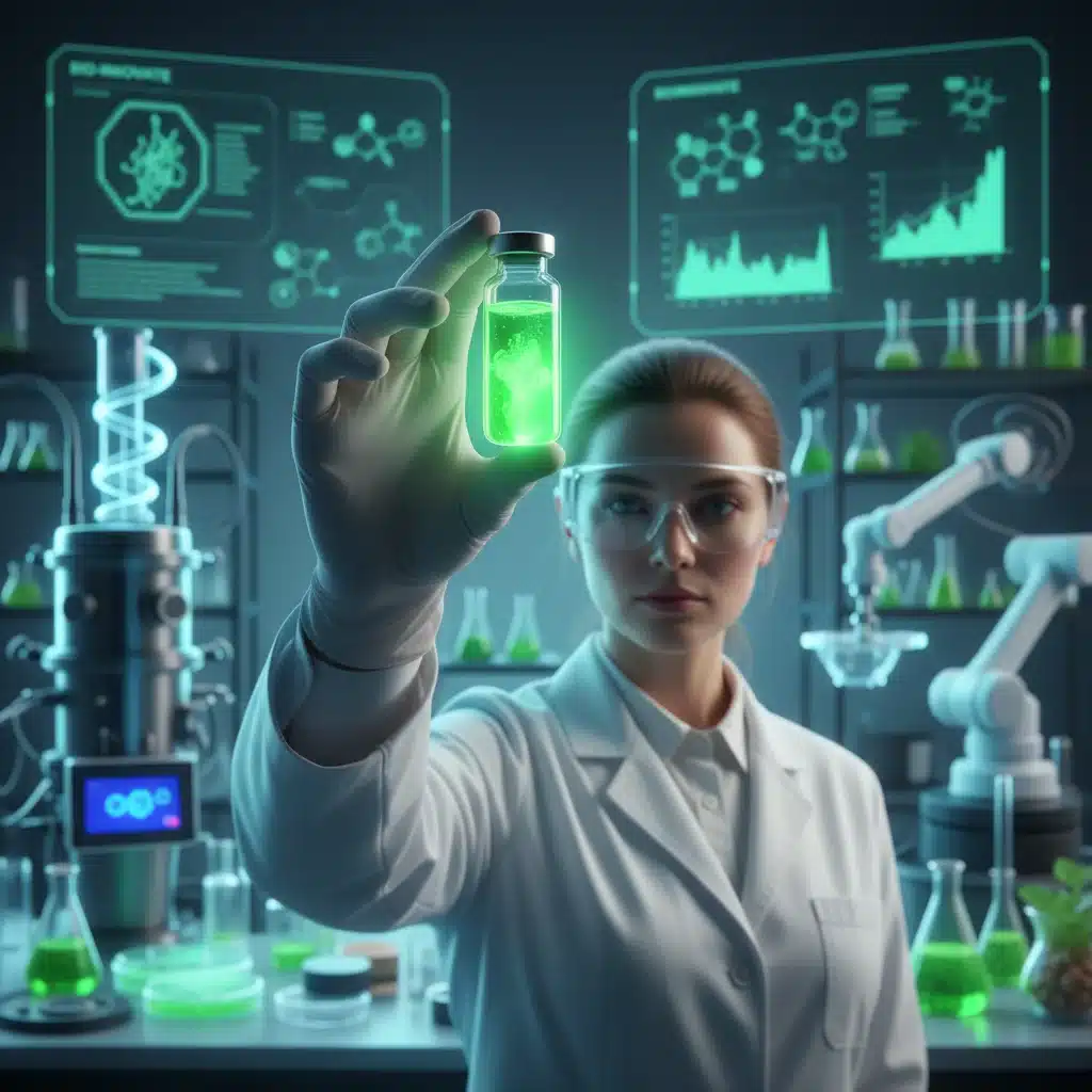 Scientist examining green bio-material in a lab, symbolizing sustainable research and development.