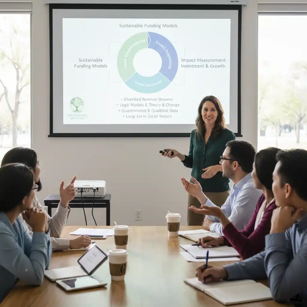 Non-profit professional discussing sustainable funding and impact