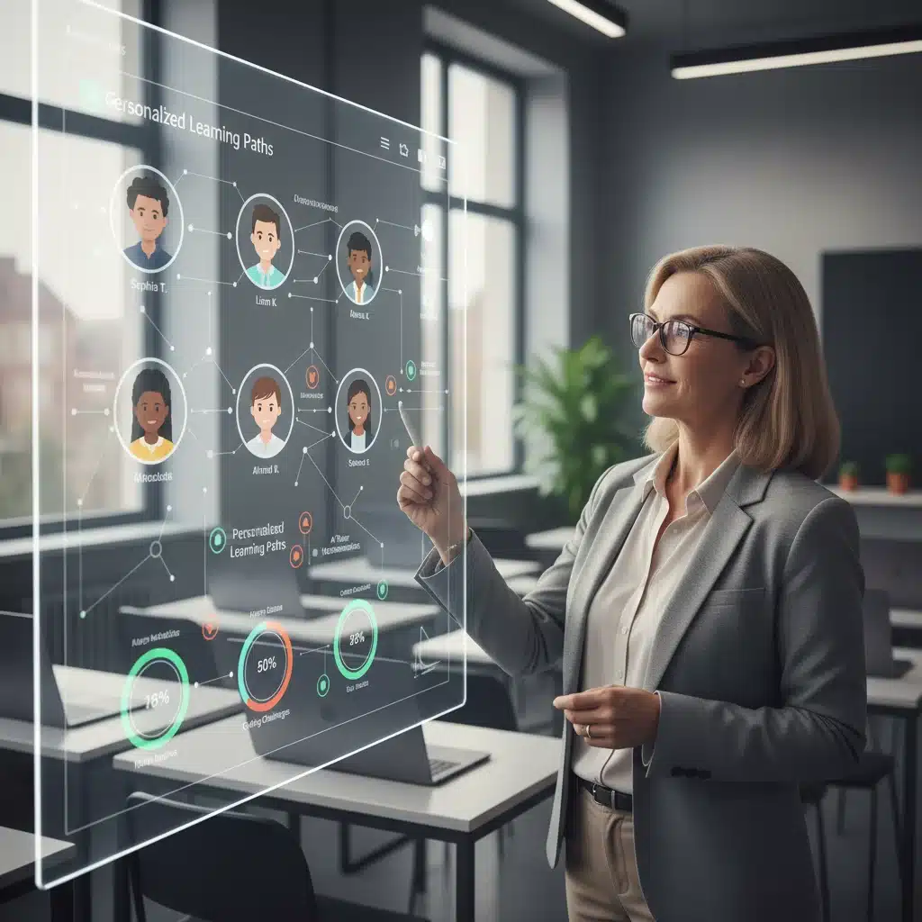 Teacher analyzing AI-powered student performance data and personalized learning paths.