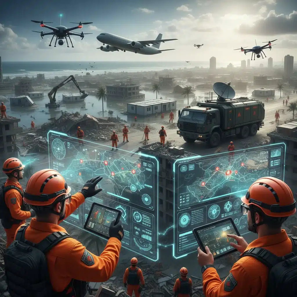 High-tech tools like drones and AR assisting in rapid disaster recovery and assessment.