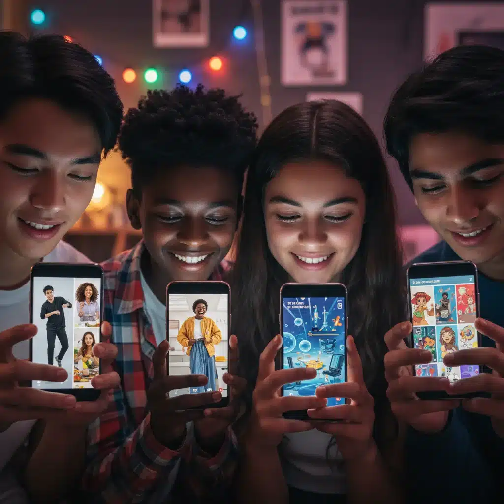 Teenagers consuming diverse short-form video content on smartphones from digital creators