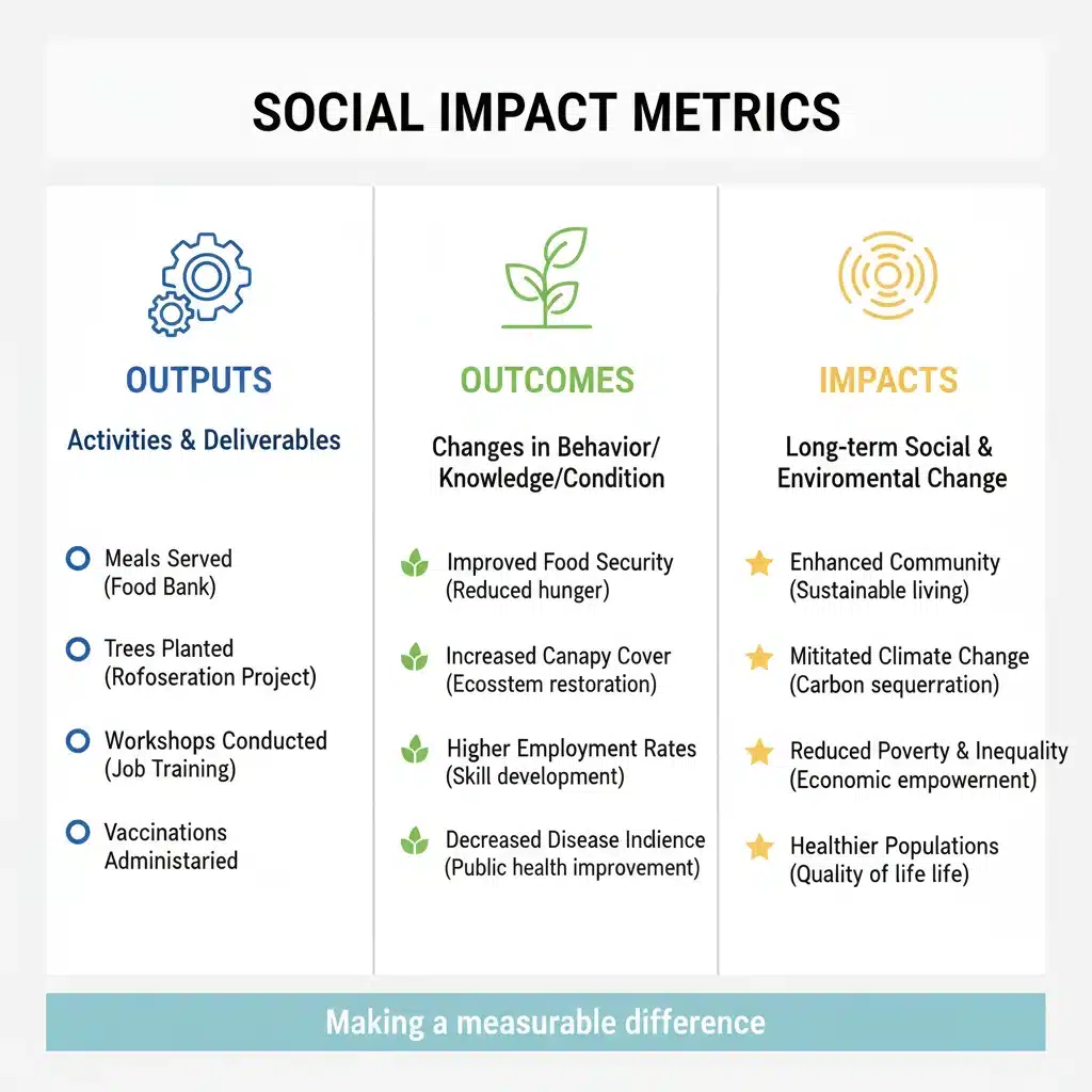 Infographic showing various types of social impact metrics: outputs, outcomes, and long-term impact.