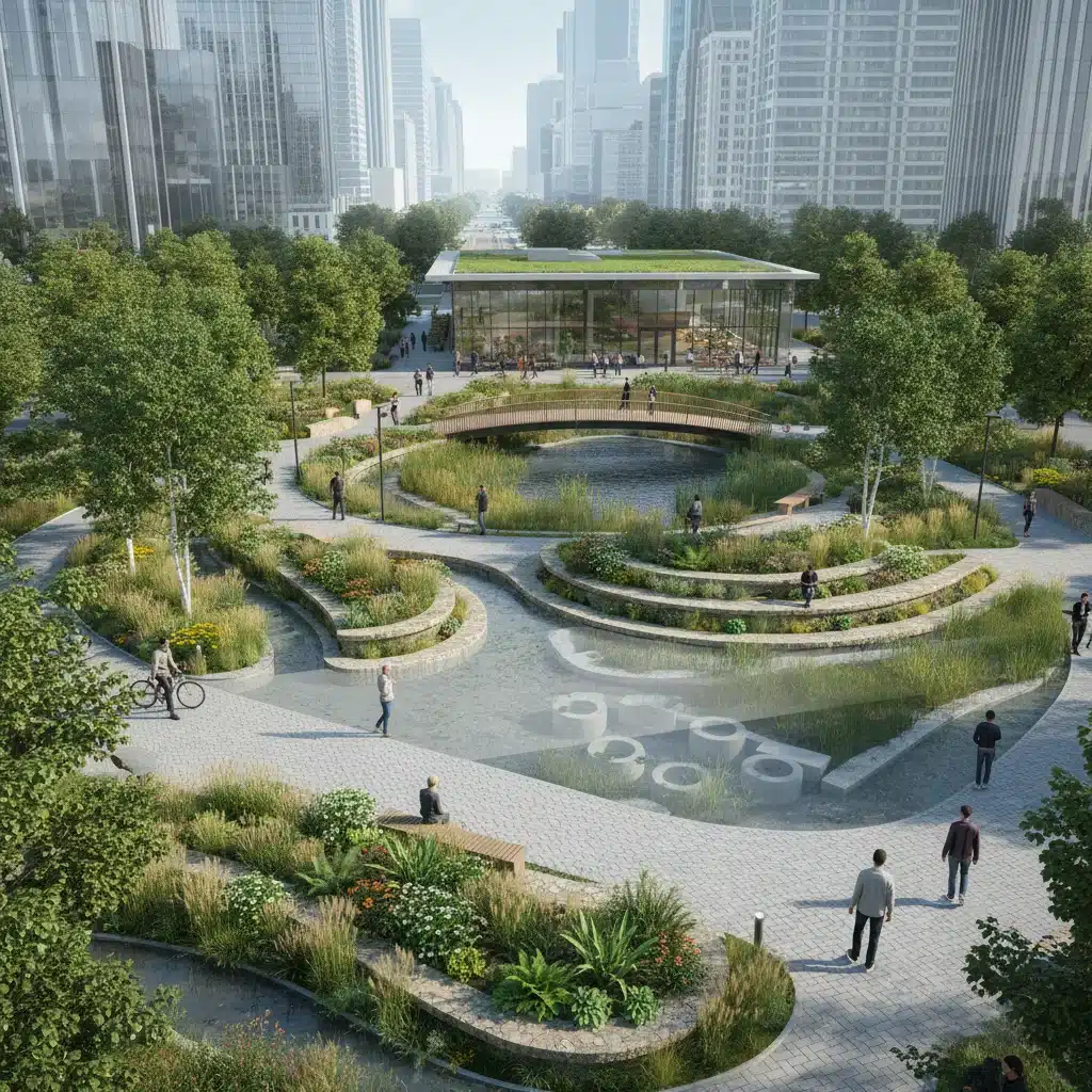 Modern urban park with advanced stormwater management and green infrastructure