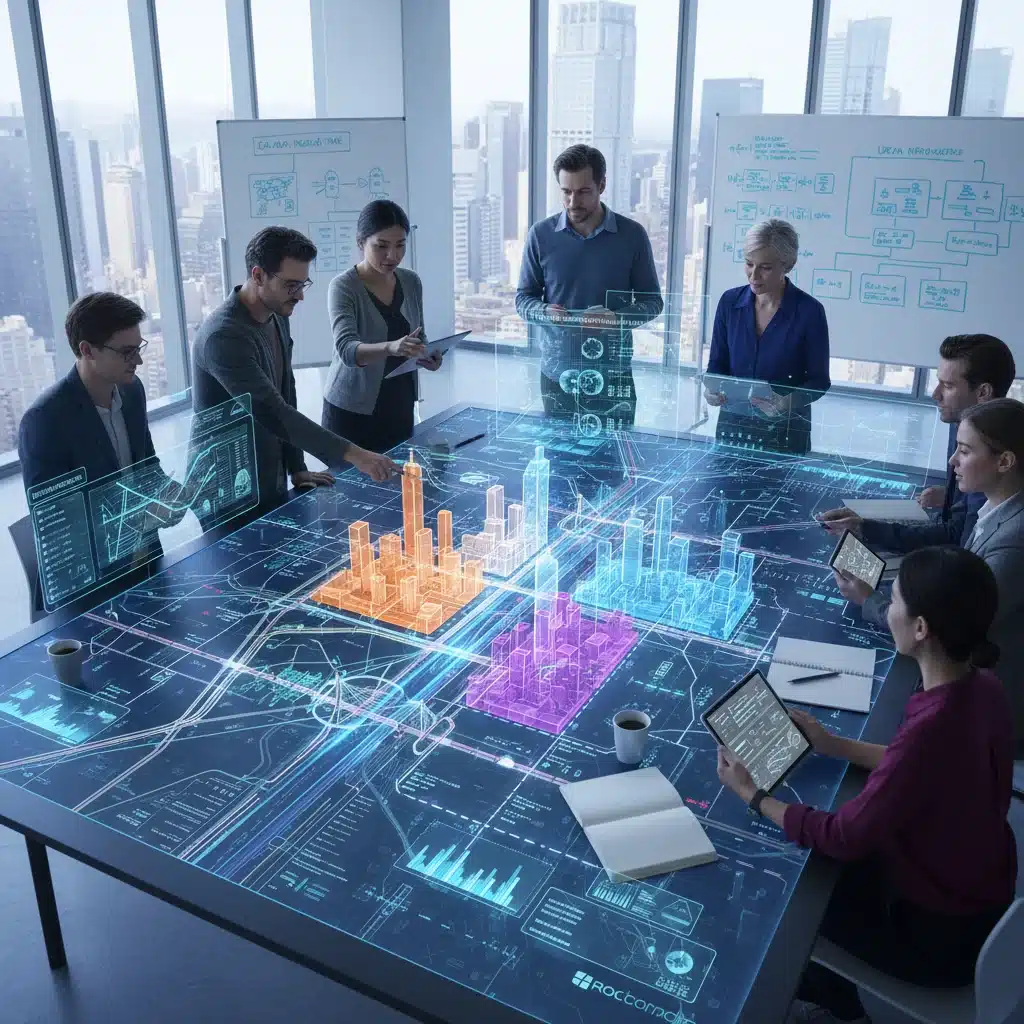 Urban planners discussing smart city design for autonomous vehicles