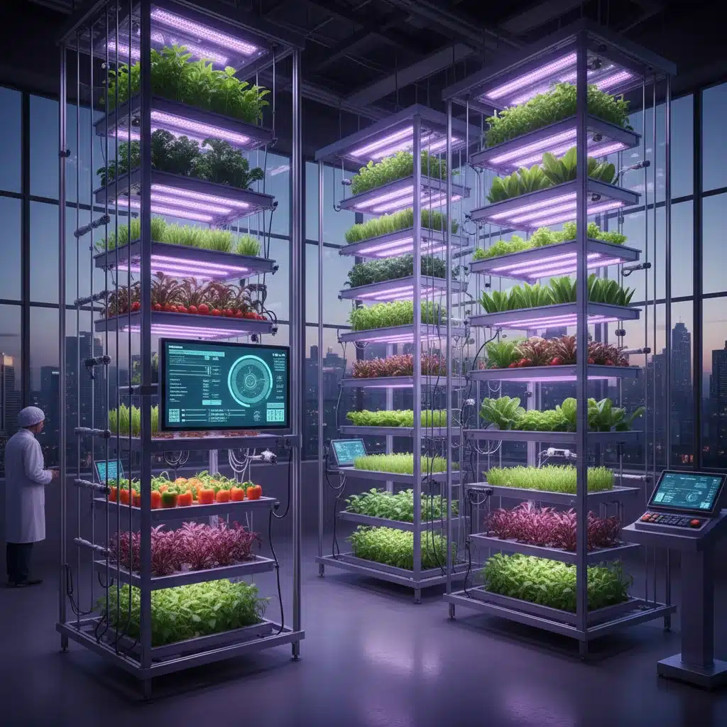 Indoor vertical farm with advanced hydroponics, showcasing technology's role in sustainable food production for urban communities.