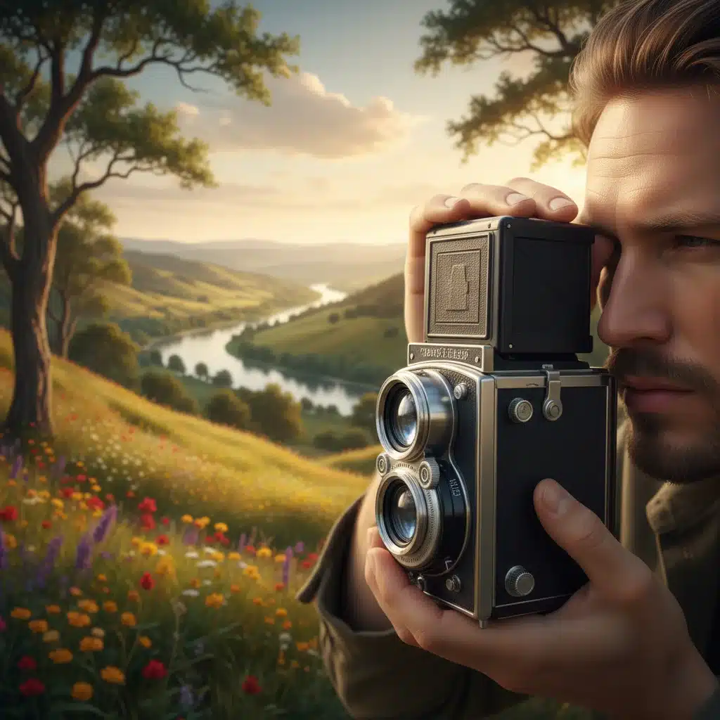 Person looking through a vintage film camera viewfinder, capturing a beautiful landscape with intentionality.