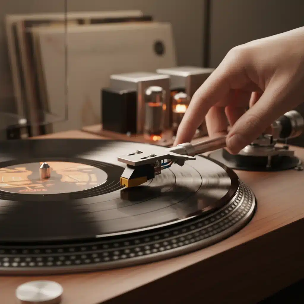 Hands carefully placing a needle on a spinning vinyl record, highlighting the tactile experience of analog music.