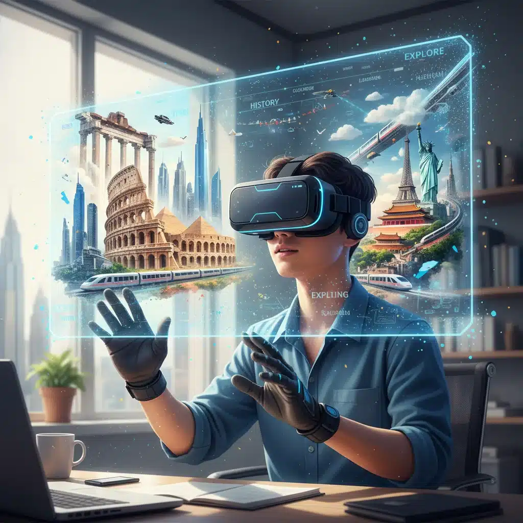 Student experiencing immersive virtual reality cultural exchange program.