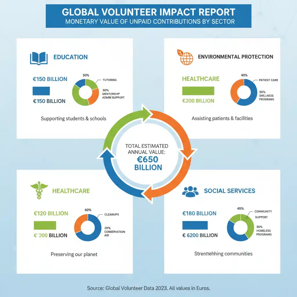 Infographic detailing economic contributions of volunteers across sectors.