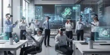 Professionals engaging in virtual reality corporate training