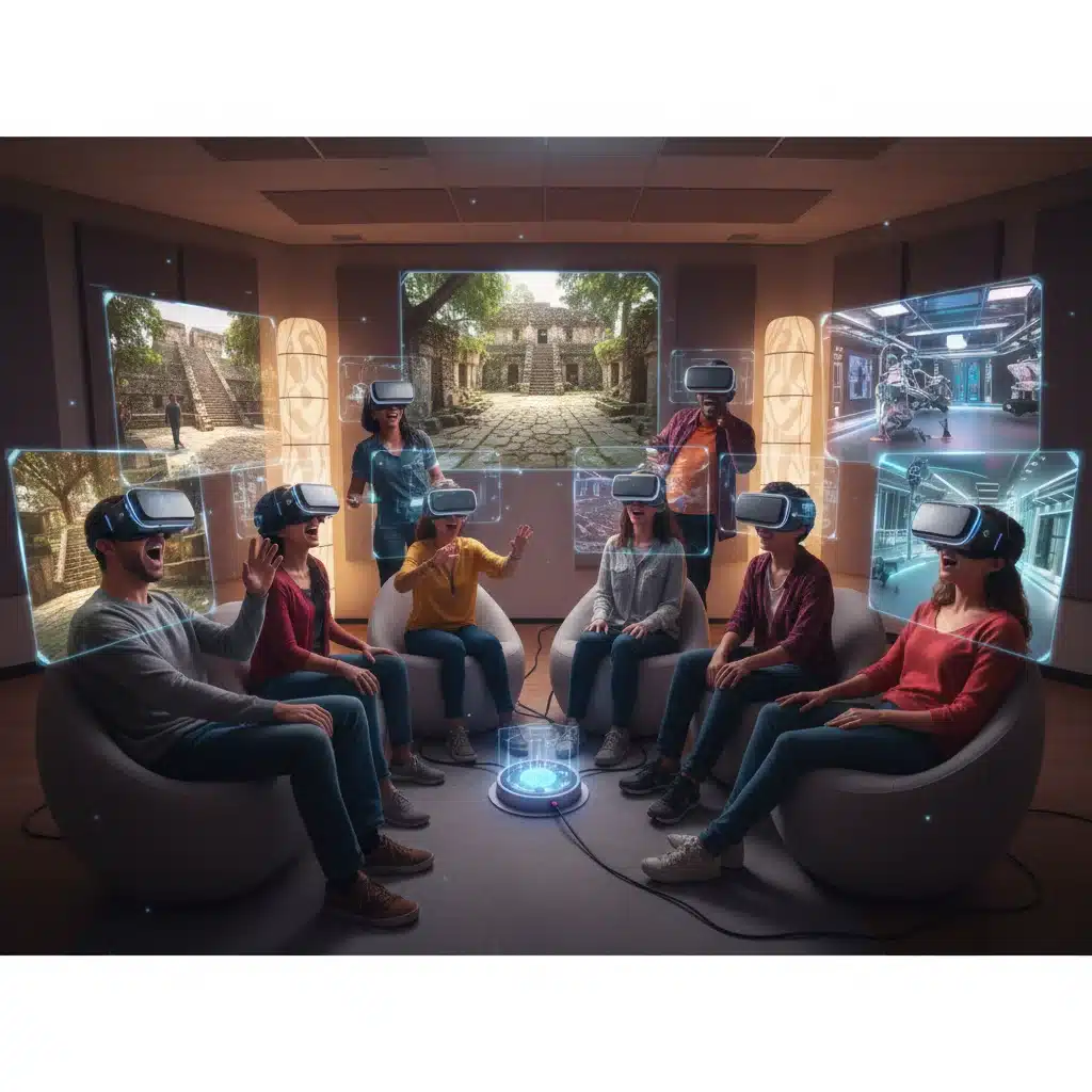 People wearing VR headsets experiencing an immersive virtual cultural event.