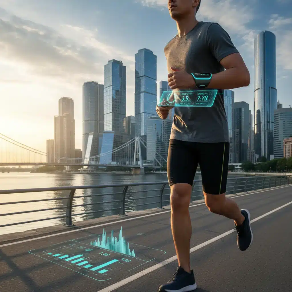 Runner tracking fitness with a wearable device, illustrating the tech integration in wellness.