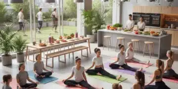 Diverse individuals practicing yoga, meditating, and enjoying healthy food, representing the wellness culture boom.