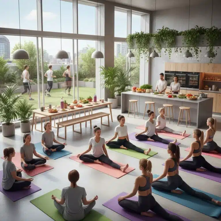 Diverse individuals practicing yoga, meditating, and enjoying healthy food, representing the wellness culture boom.