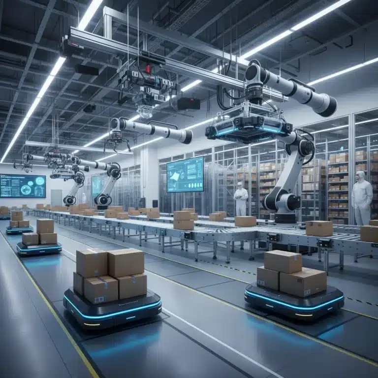 Advanced autonomous mobile robots operating in a modern logistics warehouse