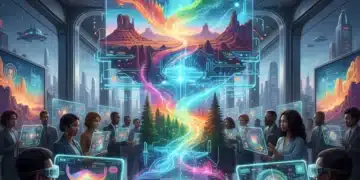 Futuristic digital painting of American artists using AI for creative expression