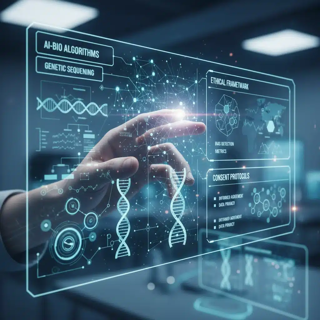 Human hand interacting with holographic display showing AI algorithms and genetic data, symbolizing ethical tech.