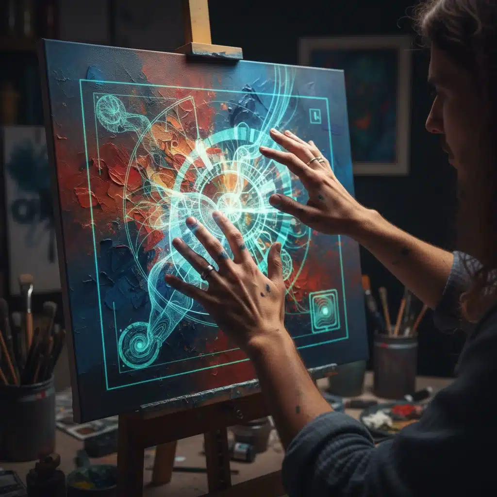 Artist interacting with holographic AI interface to create digital art