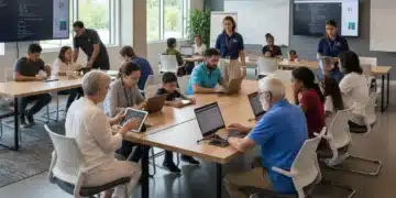 Diverse community members learning digital skills with instructors