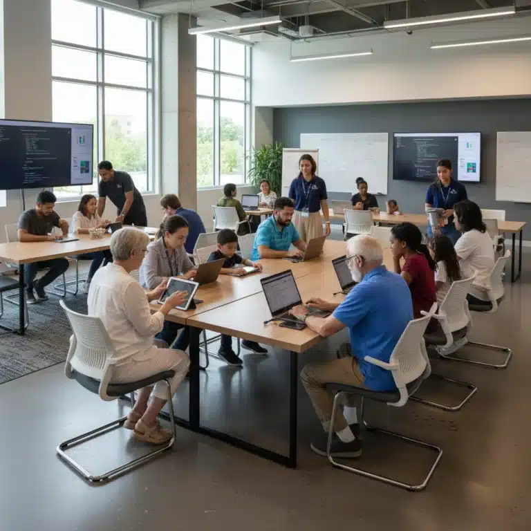 Diverse community members learning digital skills with instructors