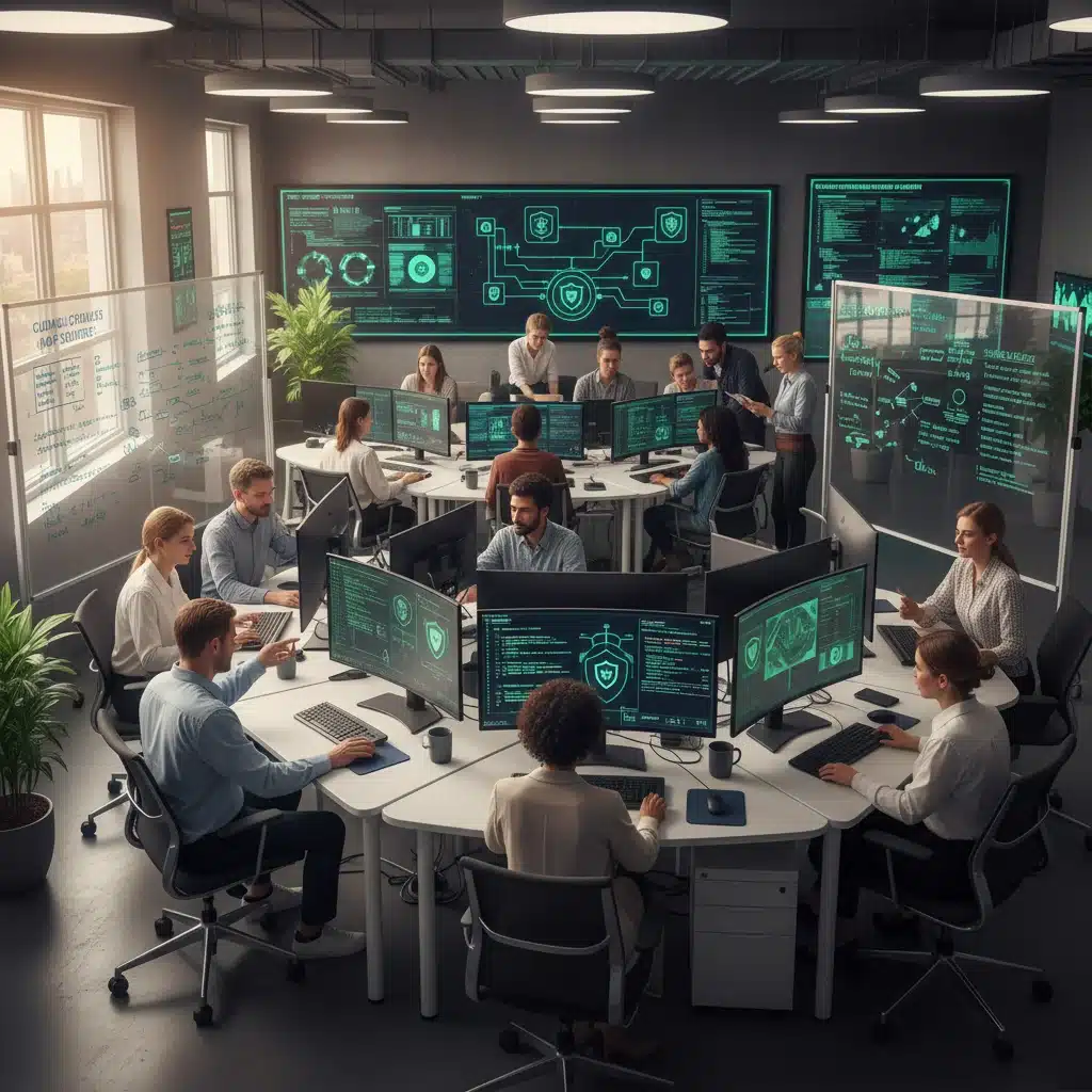 Diverse team collaborating on cybersecurity training and development