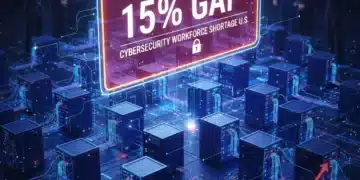 Illustration of cybersecurity workforce gap with warning sign and concerned professionals