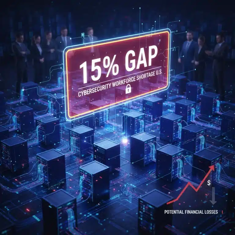 Illustration of cybersecurity workforce gap with warning sign and concerned professionals