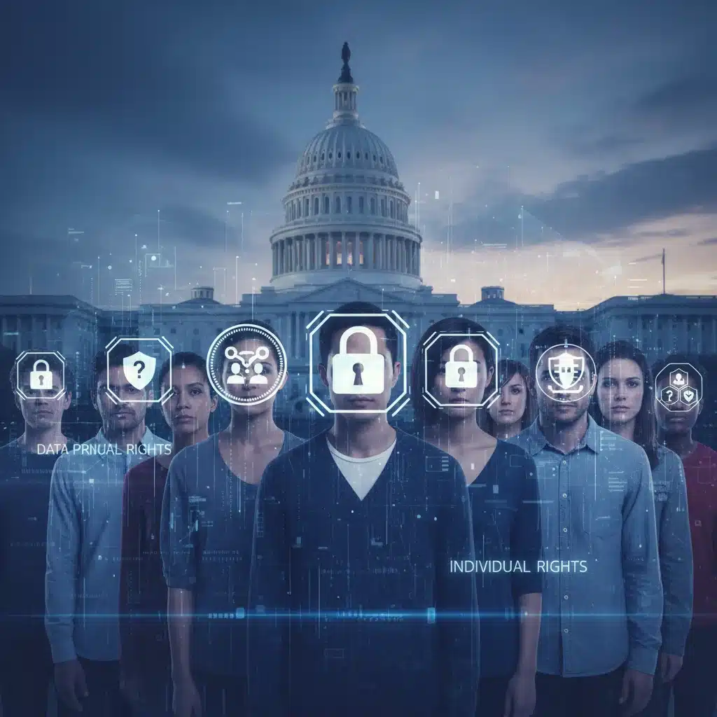Diverse individuals behind a digital privacy wall with data locks, representing data protection and individual rights.