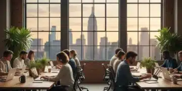 Digital nomads working remotely in a modern co-working space with a US city skyline view, representing the US Digital Nomad Visa.