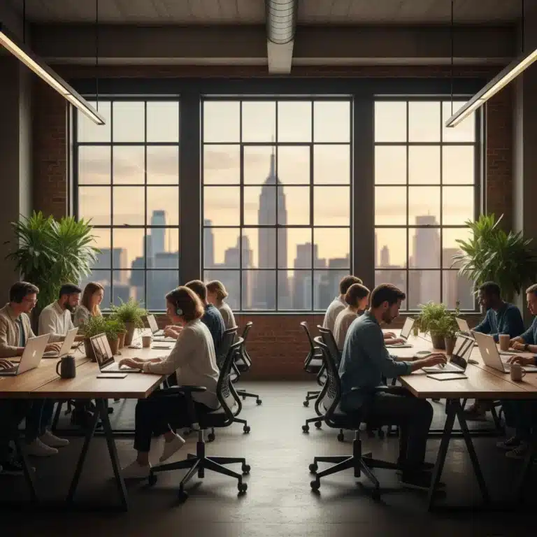 Digital nomads working remotely in a modern co-working space with a US city skyline view, representing the US Digital Nomad Visa.