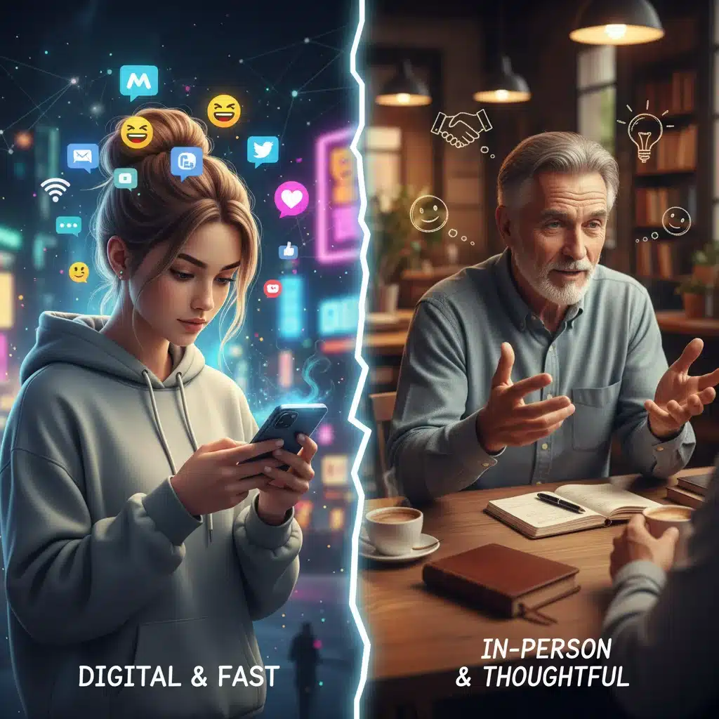 Contrasting digital and traditional communication styles across generations